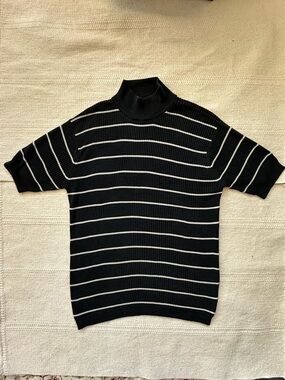 Vintage 100% Silk Black Turtleneck Sweater with White Stripes